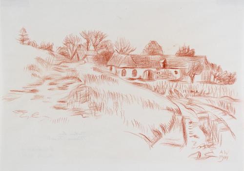 Alfred Wickenburg, Bauernhof bei Maria Trost, 1944, Rötel auf Papier, Blattmaße: 22,5 × 32 cm,  ...