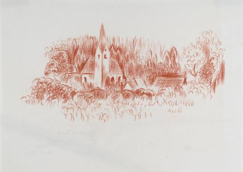 Alfred Wickenburg, Kirche in Faak, 1944, Rötel auf Papier, Blattmaße: 22,5 × 32 cm, Neue Galeri ...