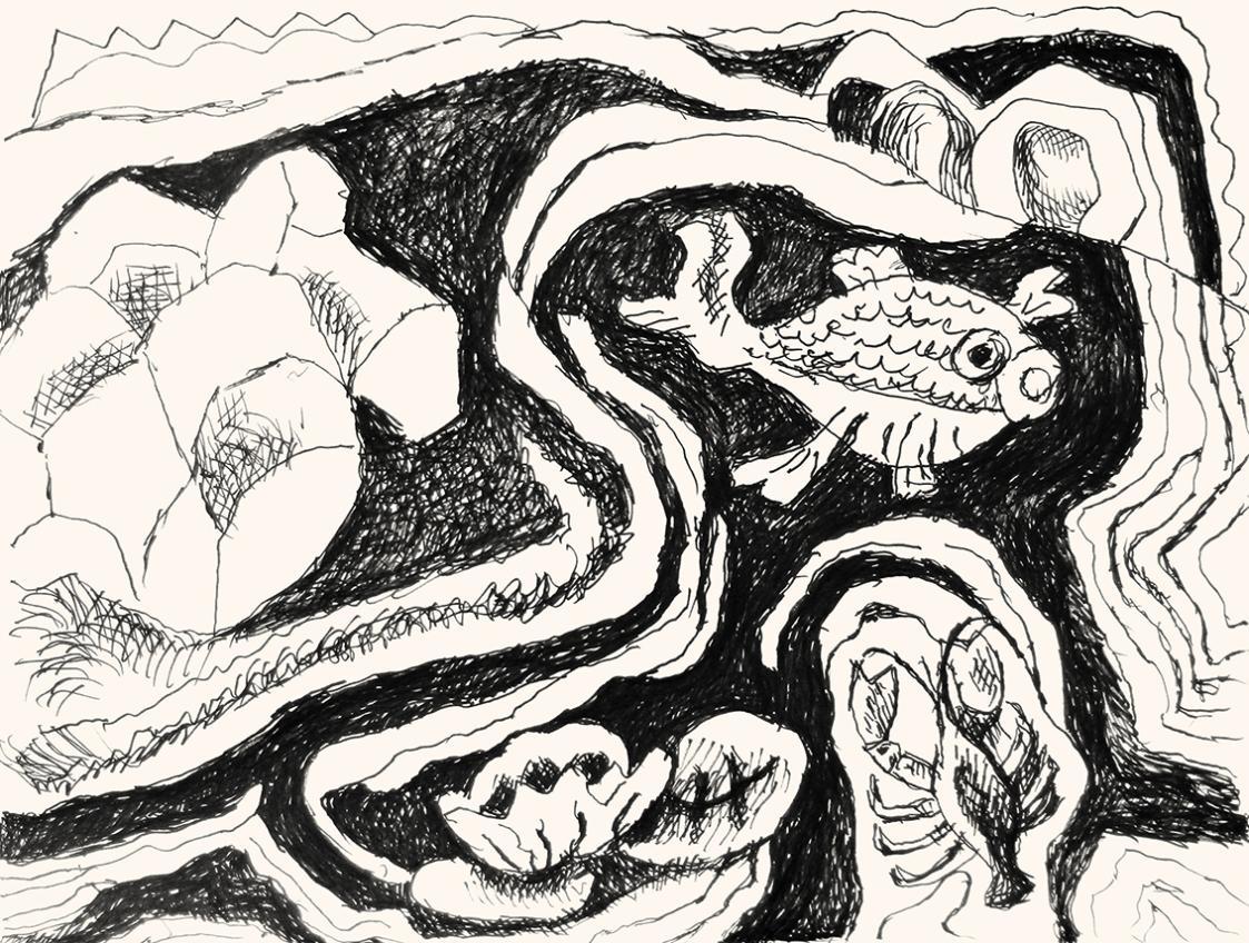 Alfred Wickenburg, Tiere in einem Wasser in einer Landschaft, 1973, Schwarzer Filzstift auf Pap ...