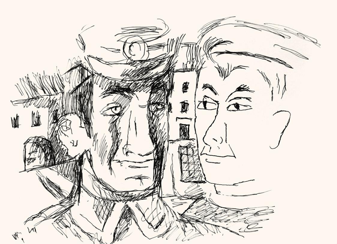 Alfred Wickenburg, Männer in einer Stadt, 1973, Schwarzer Filzstift auf Papier, Blattmaße: 42 × ...