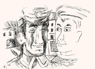 Alfred Wickenburg, Männer in einer Stadt, 1973, Schwarzer Filzstift auf Papier, Blattmaße: 42 × ...