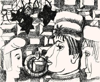 Alfred Wickenburg, Köpfe vor einer Mauer, 1973, Schwarzer Filzstift auf Papier, Blattmaße: 42 × ...