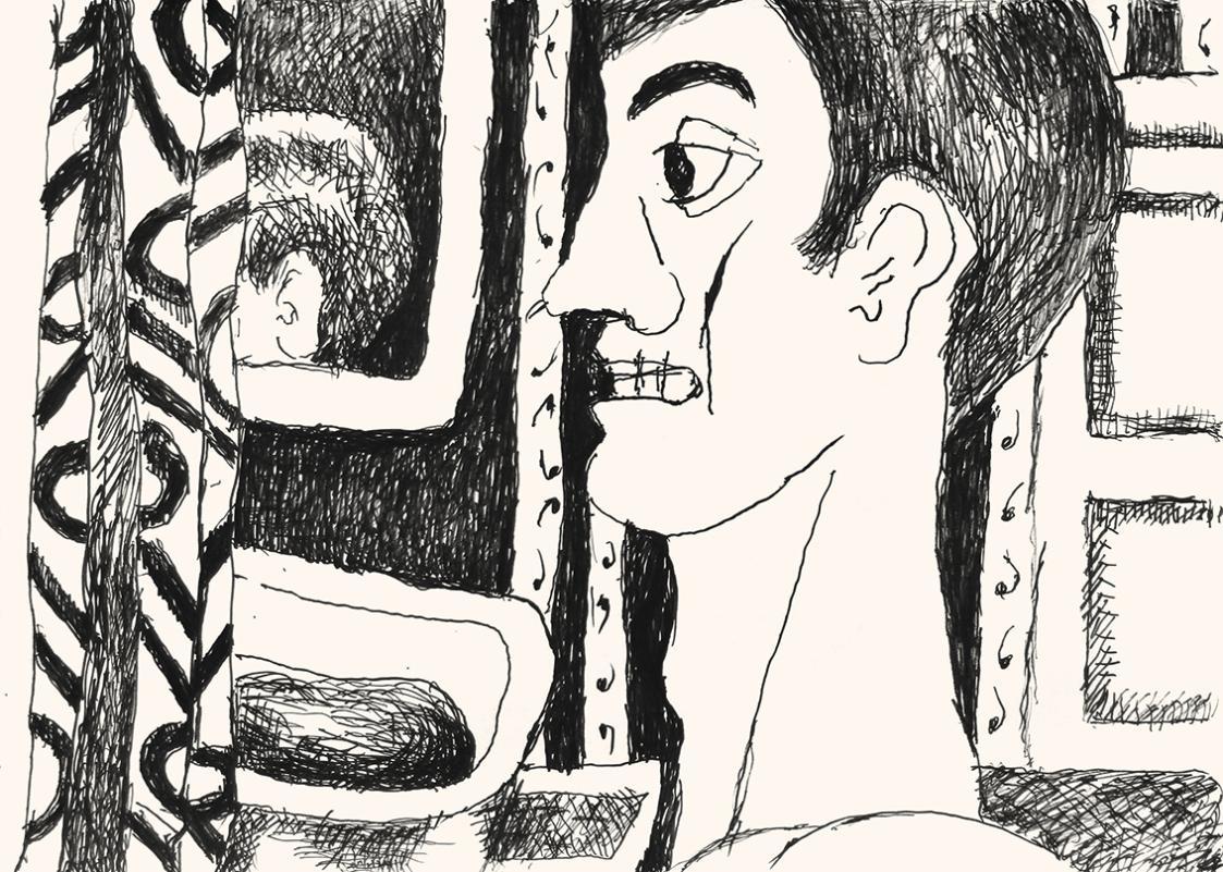 Alfred Wickenburg, Mann in einem Raum mit Spiegel, 1973, Schwarzer Filzstift auf Papier, Blattm ...