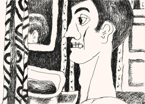 Alfred Wickenburg, Mann in einem Raum mit Spiegel, 1973, Schwarzer Filzstift auf Papier, Blattm ...