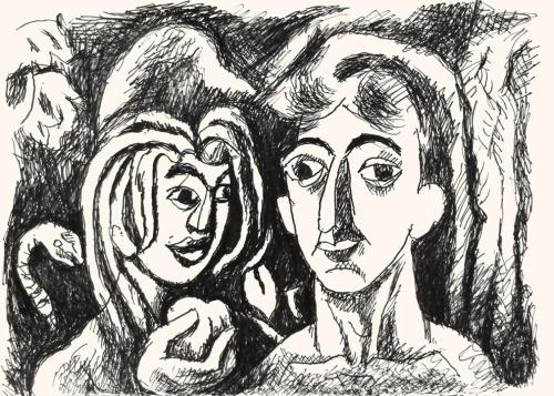 Alfred Wickenburg, Sündenfall, 1973, Schwarzer Filzstift auf Papier, Blattmaße: 42 × 58 cm, Pri ...