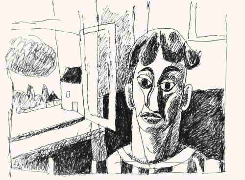 Alfred Wickenburg, Mann vor geöffnetem Fenster, 1973, Schwarzer Filzstift auf Papier, Blattmaße ...