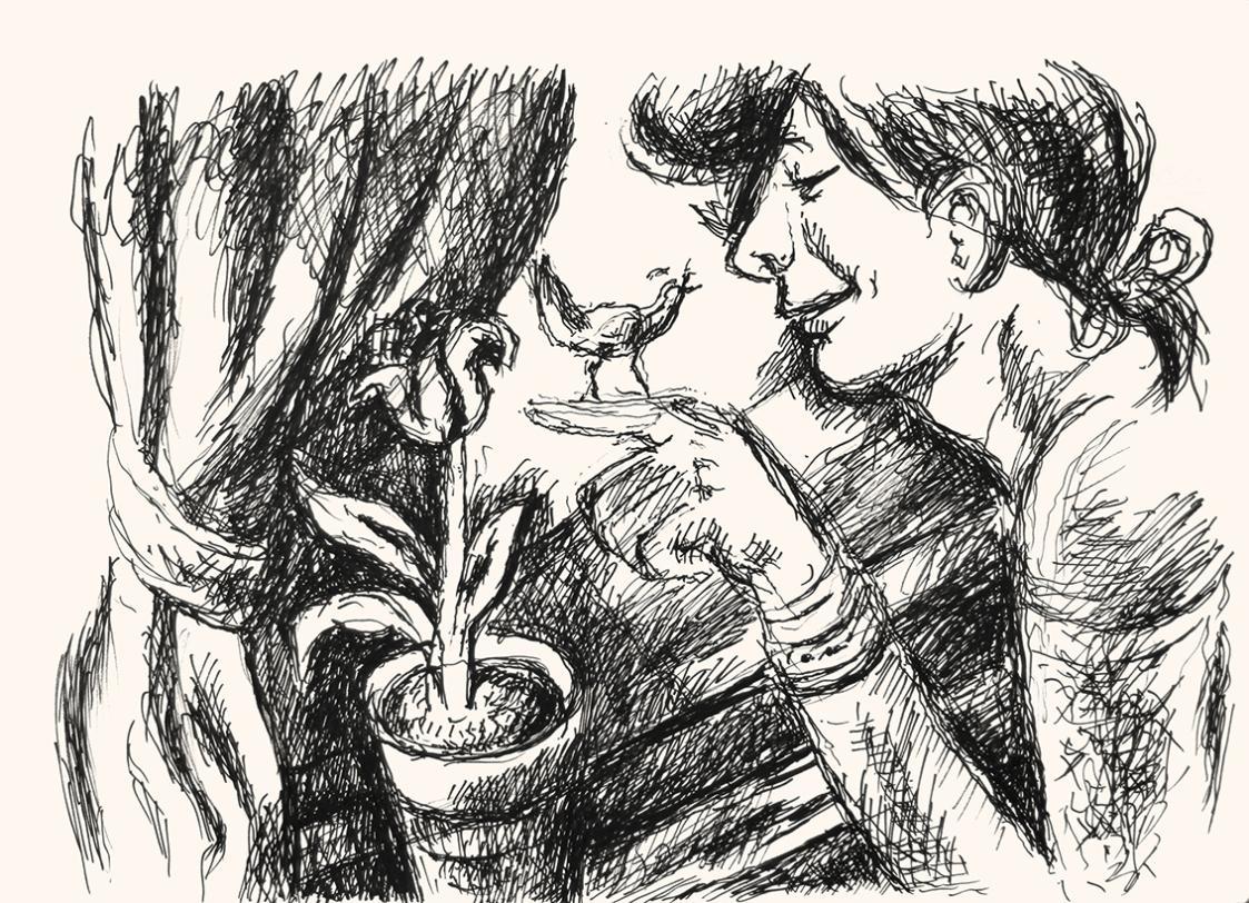Alfred Wickenburg, Frau mit Vogel auf dem Finger, 1973, Schwarzer Filzstift auf Papier, Blattma ...