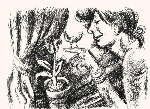 Alfred Wickenburg, Frau mit Vogel auf dem Finger, 1973, Schwarzer Filzstift auf Papier, Blattma ...
