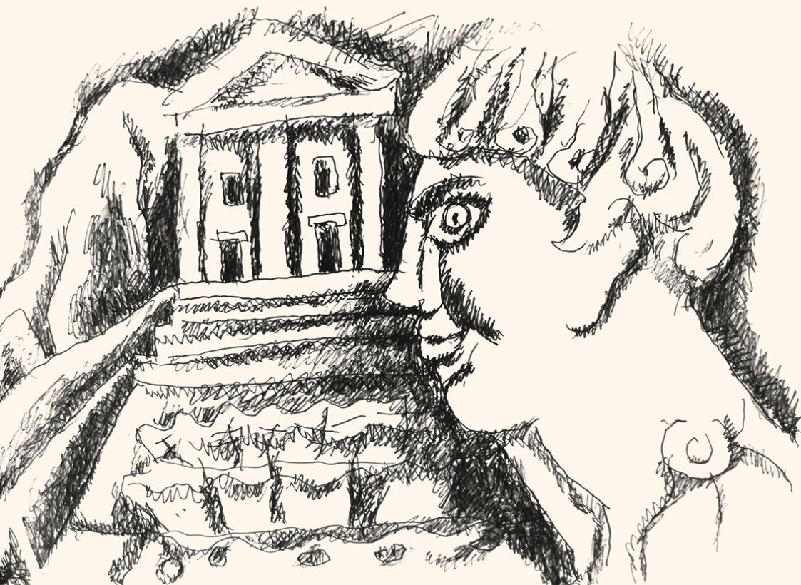 Alfred Wickenburg, Mann vor der Anhöhe zu einem Tempel, 1973, Schwarzer Filzstift auf Papier, B…