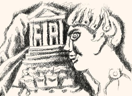 Alfred Wickenburg, Mann vor der Anhöhe zu einem Tempel, 1973, Schwarzer Filzstift auf Papier, B…