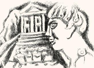 Alfred Wickenburg, Mann vor der Anhöhe zu einem Tempel, 1973, Schwarzer Filzstift auf Papier, B ...