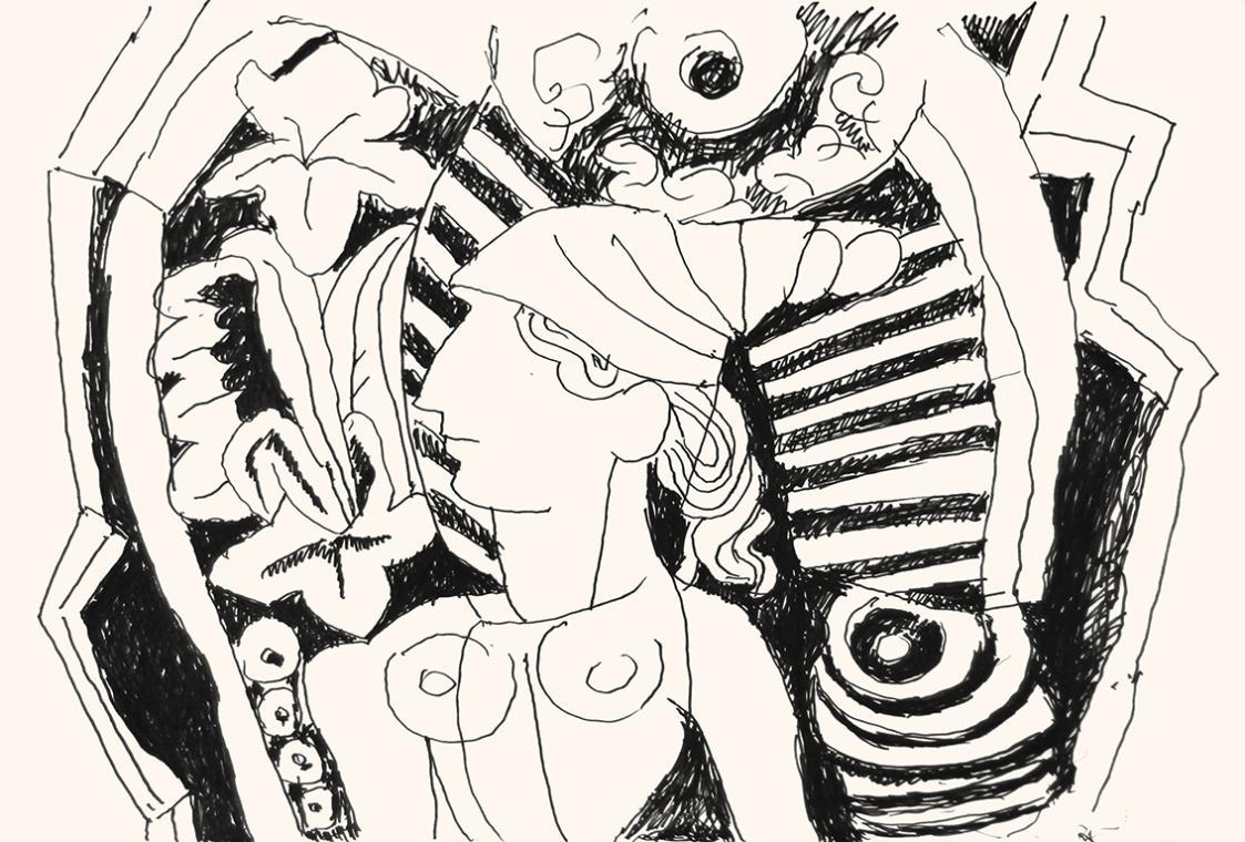 Alfred Wickenburg, Menschliche Figur vor Pflanzen und Formen, 1973, Schwarzer Filzstift auf Pap ...