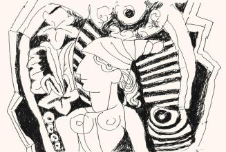 Alfred Wickenburg, Menschliche Figur vor Pflanzen und Formen, 1973, Schwarzer Filzstift auf Pap ...