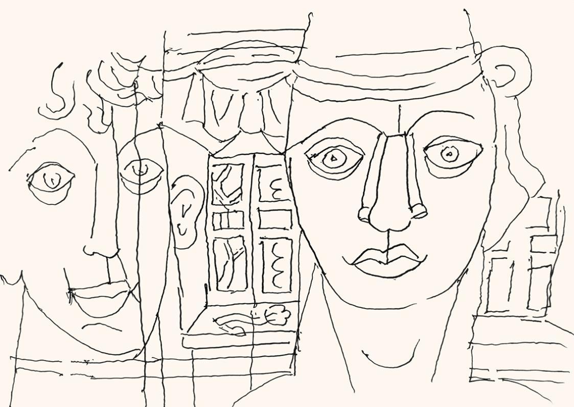 Alfred Wickenburg, Köpfe vor einer Architektur, 1973, Schwarzer Filzstift auf Papier, Blattmaße ...