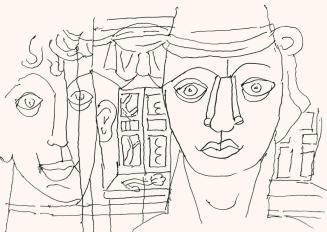 Alfred Wickenburg, Köpfe vor einer Architektur, 1973, Schwarzer Filzstift auf Papier, Blattmaße ...