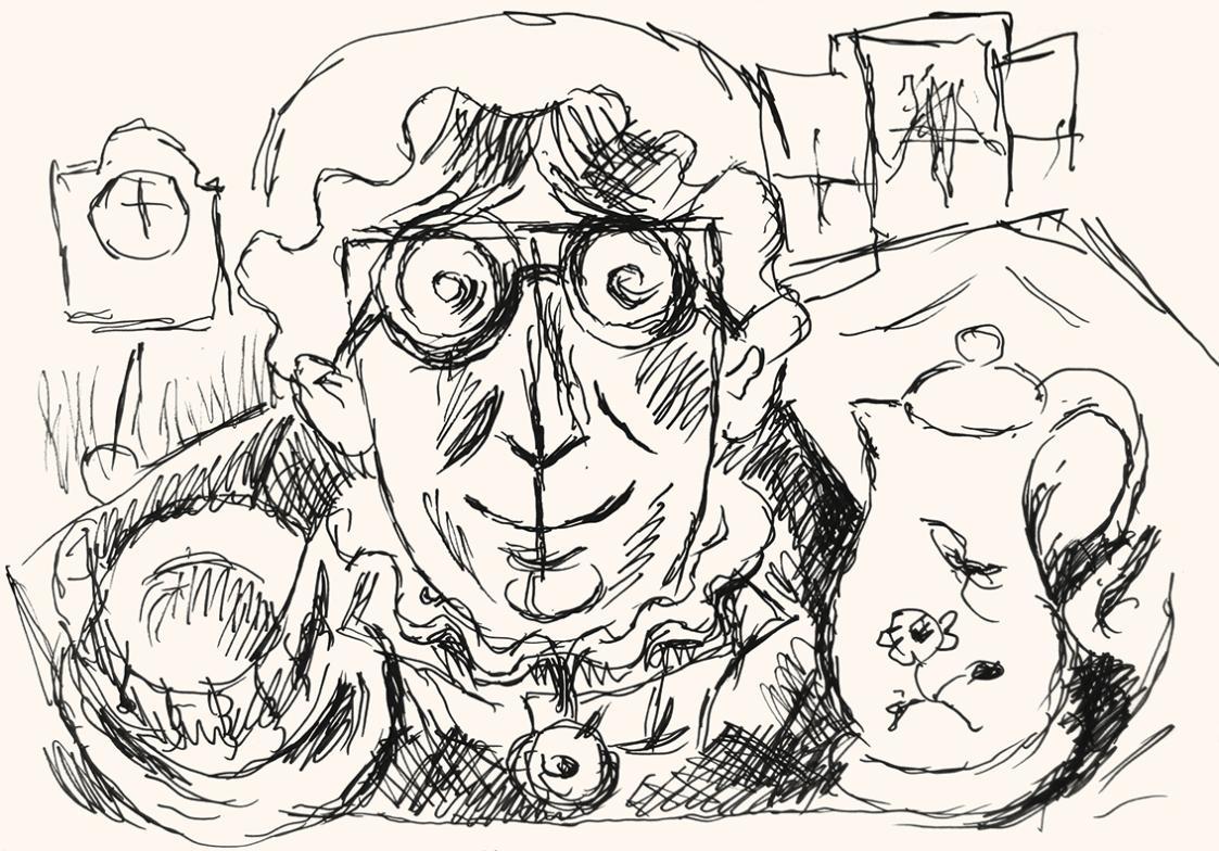 Alfred Wickenburg, Kopf mit Teetasse und Kanne, 1973, Schwarzer Filzstift auf Papier, Blattmaße ...