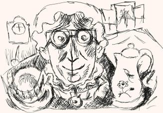 Alfred Wickenburg, Kopf mit Teetasse und Kanne, 1973, Schwarzer Filzstift auf Papier, Blattmaße ...
