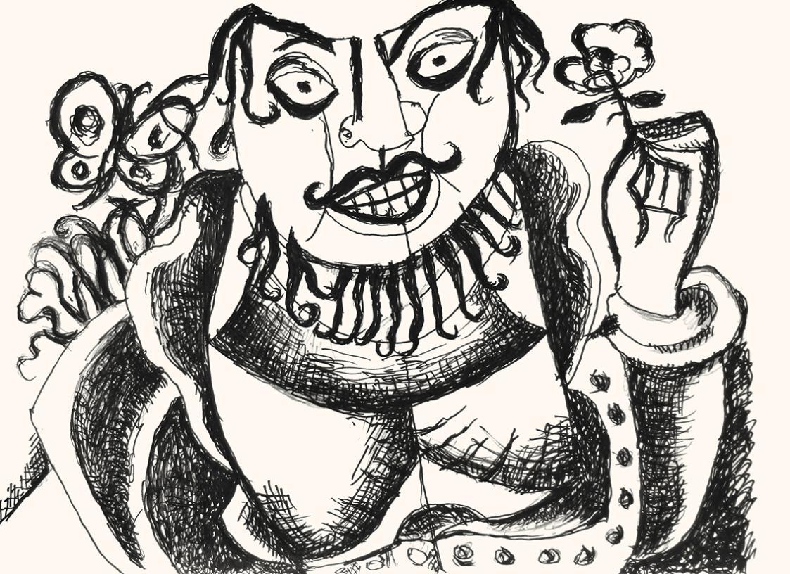 Alfred Wickenburg, Bärtiger Mann mit Blume und Schmetterling, 1973, Schwarzer Filzstift auf Pap ...