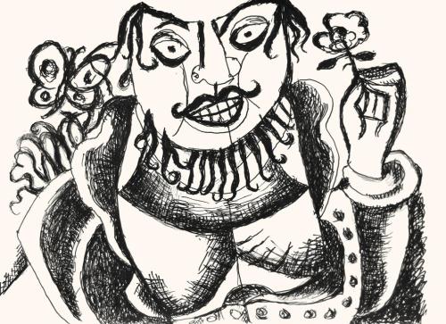Alfred Wickenburg, Bärtiger Mann mit Blume und Schmetterling, 1973, Schwarzer Filzstift auf Pap ...