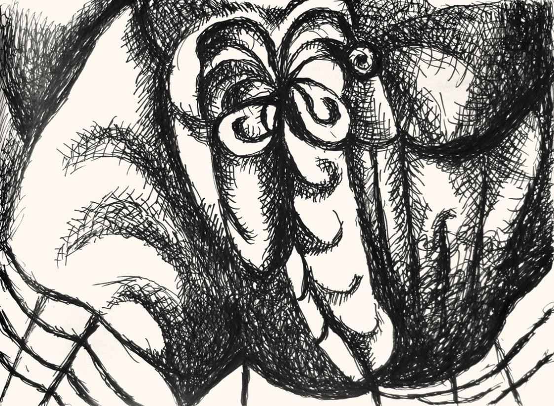 Alfred Wickenburg, Formen, 1973, Schwarzer Filzstift auf Papier, Blattmaße: 42 × 58 cm, Privatb ...
