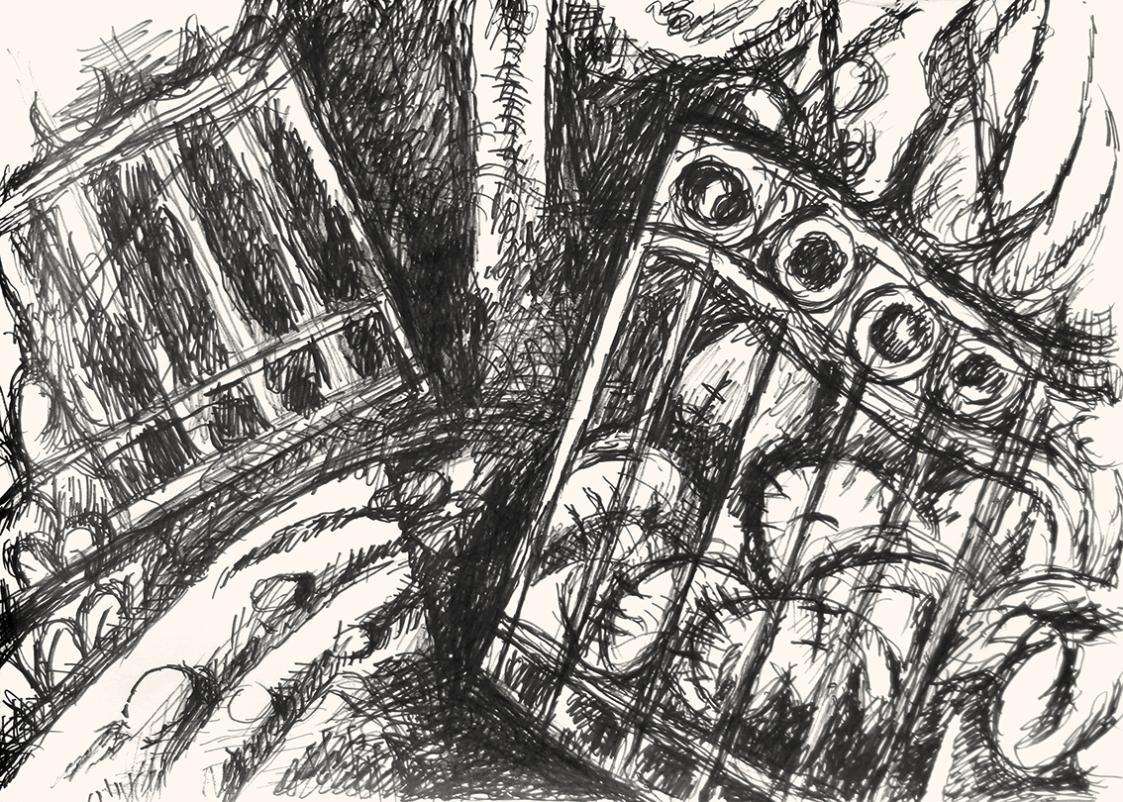Alfred Wickenburg, Gartentor, 1973, Schwarzer Filzstift auf Papier, Blattmaße: 42 × 58 cm, Priv ...