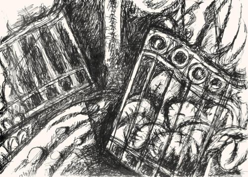 Alfred Wickenburg, Gartentor, 1973, Schwarzer Filzstift auf Papier, Blattmaße: 42 × 58 cm, Priv ...