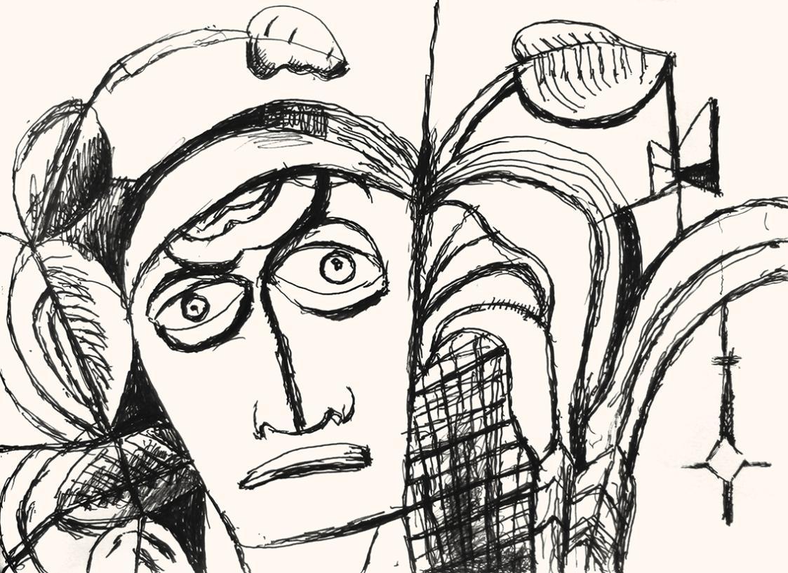 Alfred Wickenburg, Kopf und Pflanzen, 1973, Schwarzer Filzstift auf Papier, Blattmaße: 42 × 58  ...