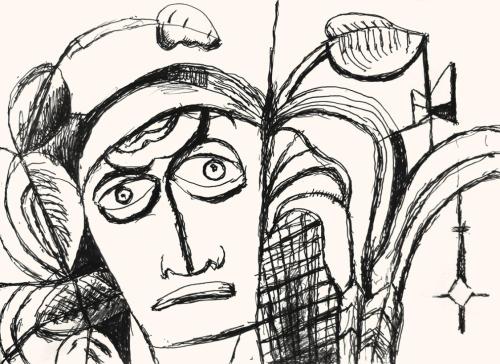 Alfred Wickenburg, Kopf und Pflanzen, 1973, Schwarzer Filzstift auf Papier, Blattmaße: 42 × 58  ...