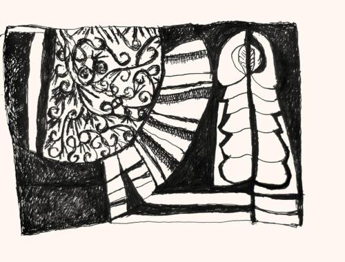 Alfred Wickenburg, Formen, 1973, Schwarzer Filzstift auf Papier, Blattmaße: 42 × 58 cm, Privatb ...