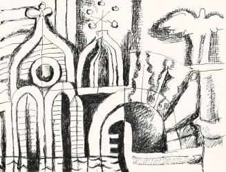 Alfred Wickenburg, Kanal mit Gondeln vor einem Palazzo, 1973, Schwarzer Filzstift auf Papier, B ...
