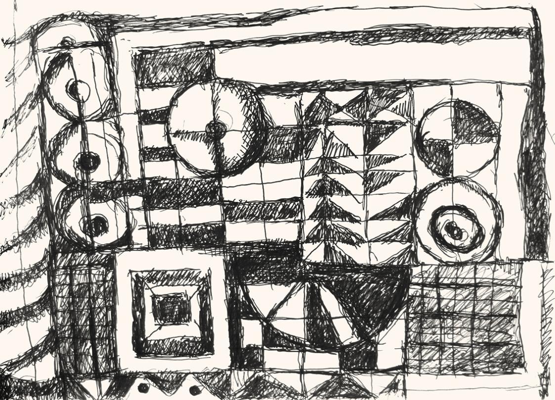Alfred Wickenburg, Formen, 1973, Schwarzer Filzstift auf Papier, Blattmaße: 42 × 58 cm, Privatb ...