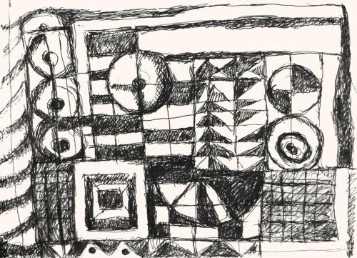 Alfred Wickenburg, Formen, 1973, Schwarzer Filzstift auf Papier, Blattmaße: 42 × 58 cm, Privatb ...