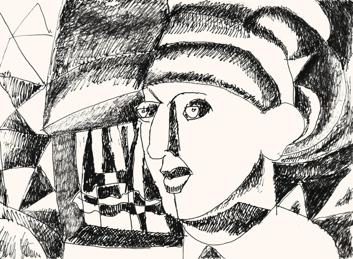 Alfred Wickenburg, Kopf im Dreiviertelprofil, 1973, Schwarzer Filzstift auf Papier, Blattmaße:  ...