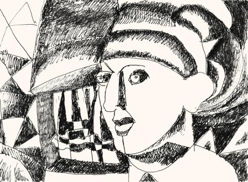 Alfred Wickenburg, Kopf im Dreiviertelprofil, 1973, Schwarzer Filzstift auf Papier, Blattmaße:  ...