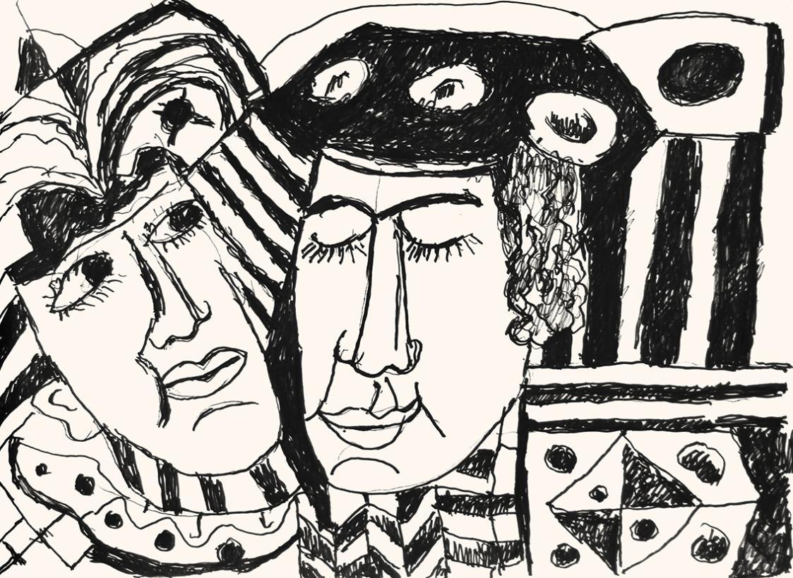 Alfred Wickenburg, Zwei Gesichter, 1973, Schwarzer Filzstift auf Papier, Blattmaße: 42 × 58 cm, ...