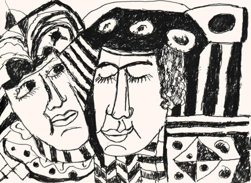 Alfred Wickenburg, Zwei Gesichter, 1973, Schwarzer Filzstift auf Papier, Blattmaße: 42 × 58 cm, ...
