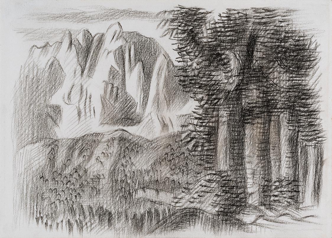 Alfred Wickenburg, Blick auf den Wilden Kaiser, Kitzbühel, 1940/1945, Schwarze Kreide auf Papie ...