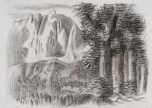 Alfred Wickenburg, Blick auf den Wilden Kaiser, Kitzbühel, 1940/1945, Schwarze Kreide auf Papie ...