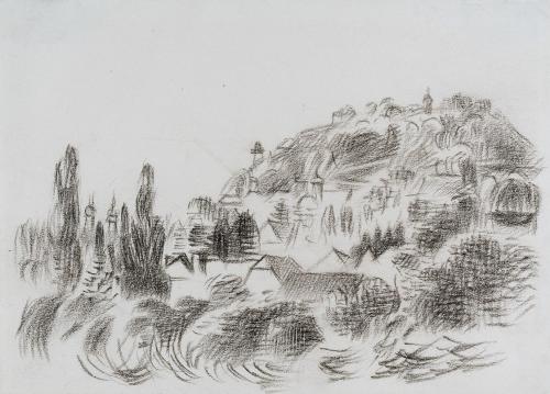 Alfred Wickenburg, Blick auf den Grazer Schlossberg, 1940/1945, Schwarze Kreide auf Papier, Bla ...