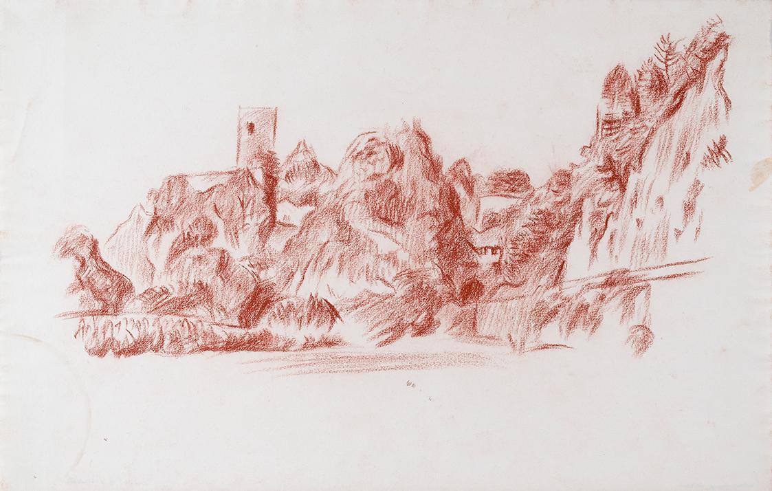 Alfred Wickenburg, Landschaft mit Burgruine, 1940/1945, Rötel auf Papier, Blattmaße: 25 × 39,2  ...