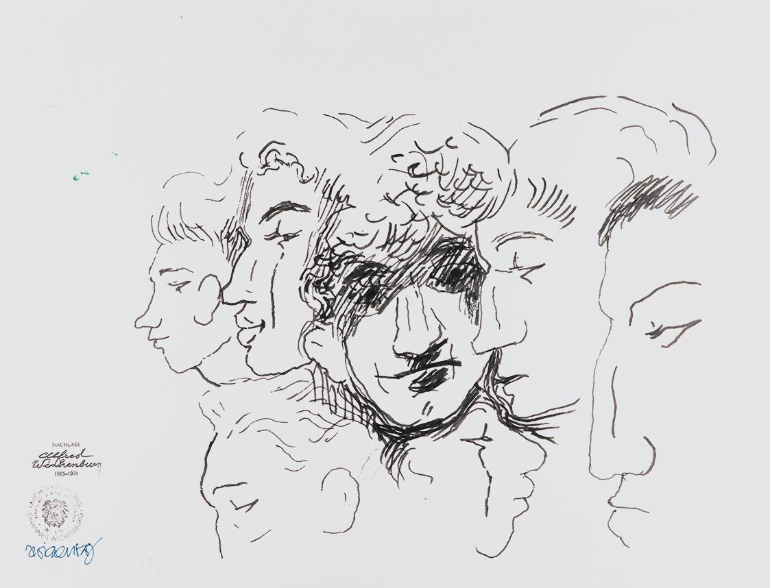 Alfred Wickenburg, Köpfe, um 1968, Tintenstift auf Papier, Blattmaße: 36 × 48 cm, Privatbesitz