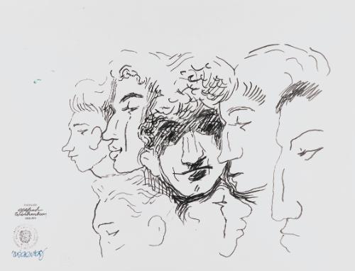 Alfred Wickenburg, Köpfe, um 1968, Tintenstift auf Papier, Blattmaße: 36 × 48 cm, Privatbesitz