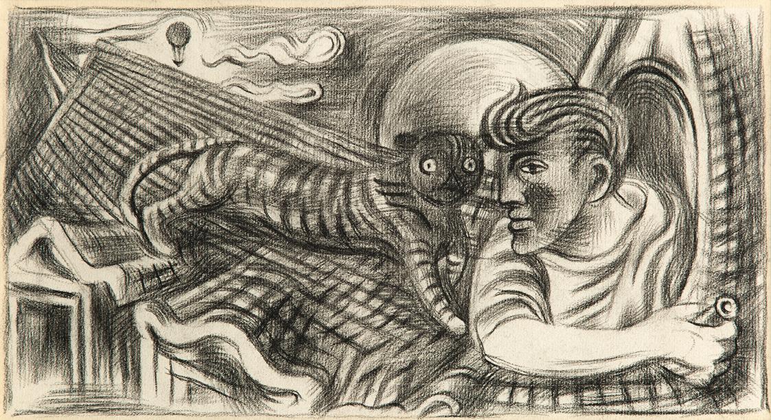 Alfred Wickenburg, Katze auf dem Dach, 1948/1950, Schwarze Kreide auf Papier, Privatbesitz