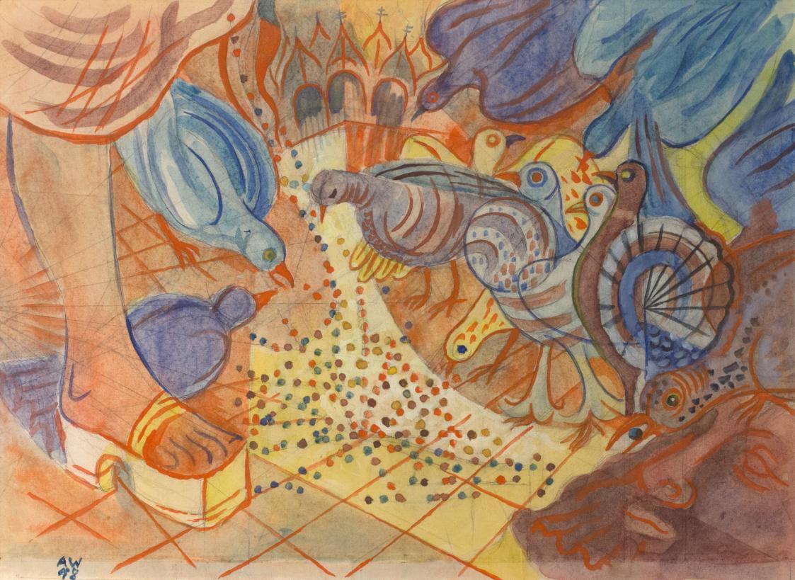 Alfred Wickenburg, Tauben von Venedig, 1948, Aquarell über Bleistift auf Papier,  Lichte Maße:  ...