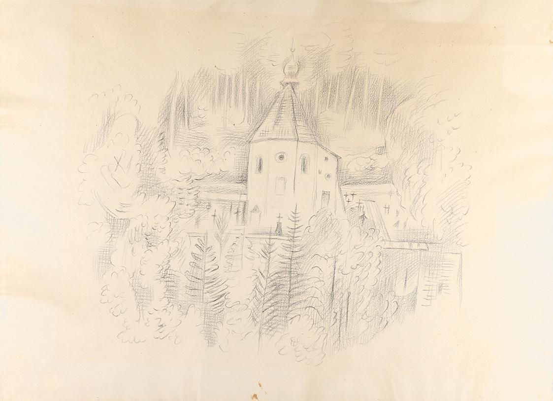 Alfred Wickenburg, Kirche und Friedhof hinter einer Mauer, 1940/1945, Schwarze Kreide auf Papie ...