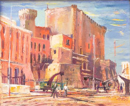 Otto Rudolf Schatz, Straßenarbeiter beim Castel Nuovo in Neapel, 1950, Öl auf Leinwand, 38,5 ×  ...