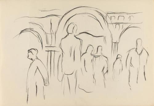 Alfred Wickenburg, Personen vor einem Gebäude, 1950/1954, Kohle auf Papier, Blattmaße: 20,6 × 2 ...