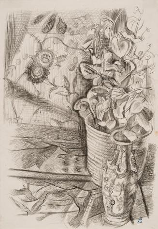 Alfred Wickenburg, Blumentopf und Vase auf Fensterbrett, 1946, Schwarze Kreide auf Papier, Blat ...