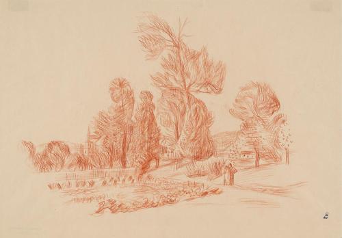 Alfred Wickenburg, Zwei Spaziergänger in einer Landschaft, St. Peter bei Graz im Hintergrund, 1 ...