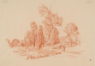 Alfred Wickenburg, Zwei Spaziergänger in einer Landschaft, St. Peter bei Graz im Hintergrund, 1 ...